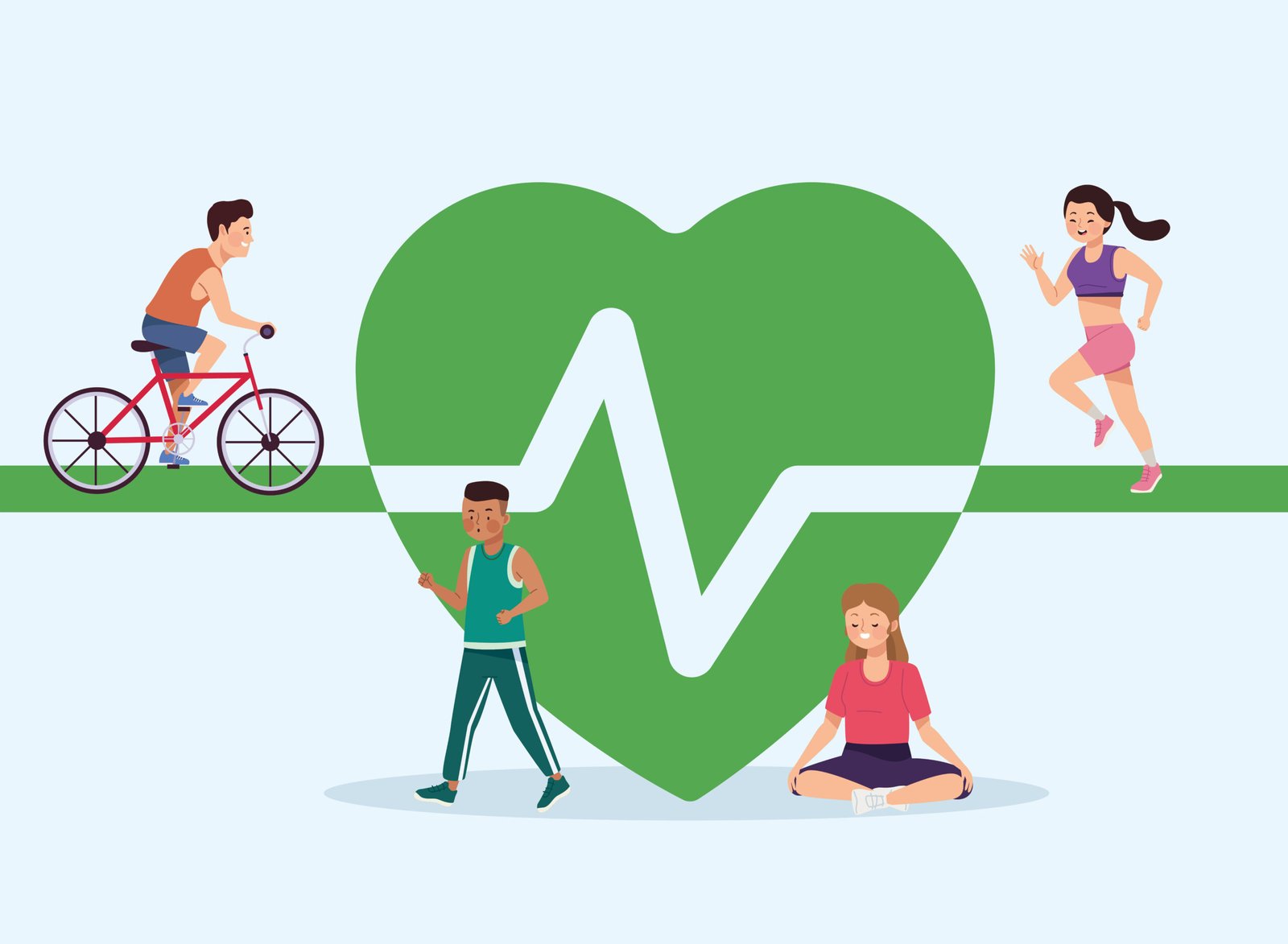 group of athletes in heart cardio characters