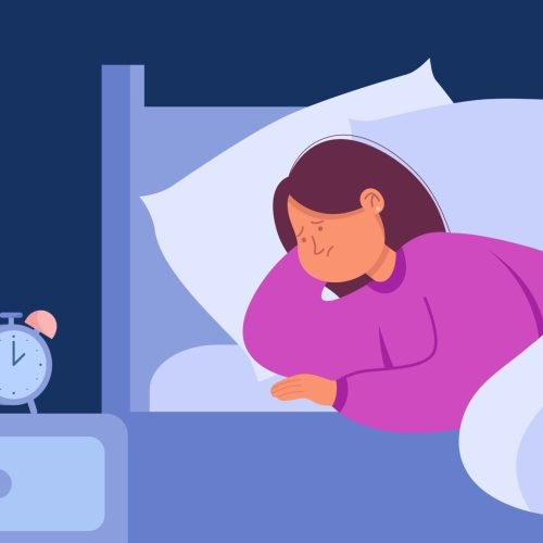 Woman suffering from insomnia flat vector illustration. Depressed and sad female person lying in bed with open eyes and unable to sleep at night. Sleep disorder, fatigue, sleepless concept