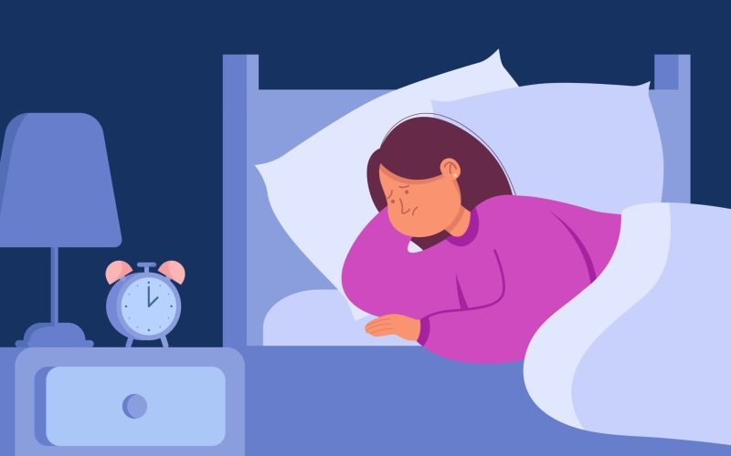 Woman suffering from insomnia flat vector illustration. Depressed and sad female person lying in bed with open eyes and unable to sleep at night. Sleep disorder, fatigue, sleepless concept