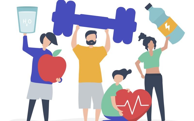 Healthy people carrying different icons related to healthy lifestyle
