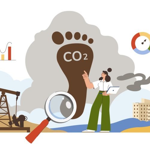 Carbon footprint or environmental responsibility concept. Character analyzes ways to reduce co2 emissions and climate impact. Woman reducing pollution from industry factory, transport and oil refinery