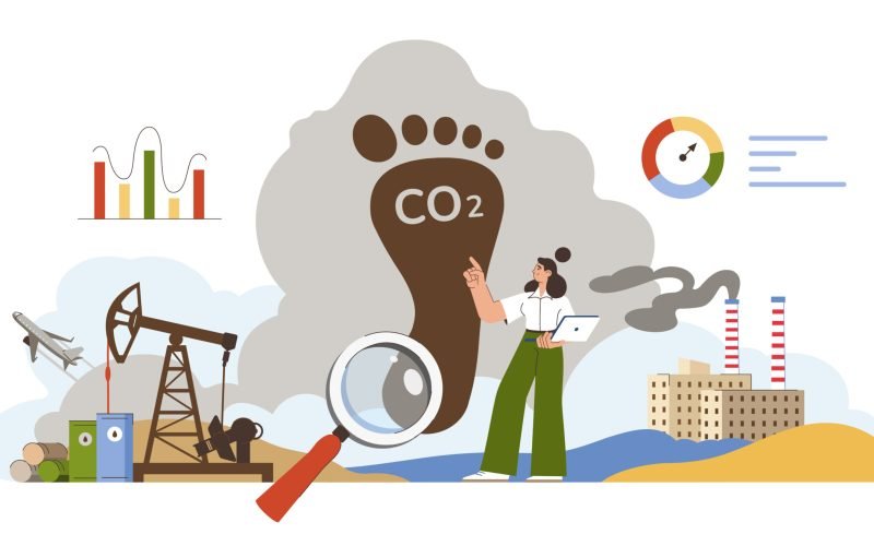 Carbon footprint or environmental responsibility concept. Character analyzes ways to reduce co2 emissions and climate impact. Woman reducing pollution from industry factory, transport and oil refinery
