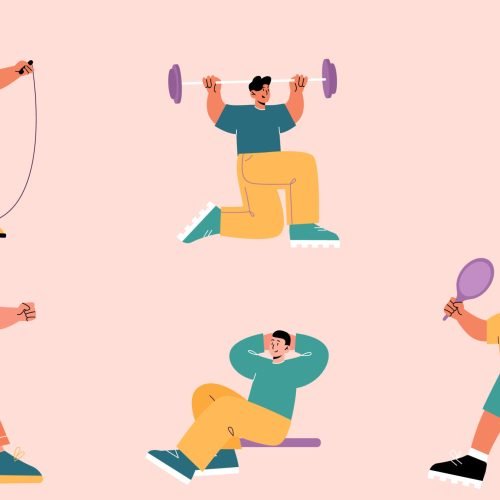 People exercise, sportsmen and sportswomen characters in gym jump with rope, workout with barbel, doing gymnastics, jogging, pumping press and playing tennis, Line art flat vector illustration, set