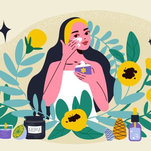 Herbal medical composition girl smears cream on her face and cosmetic bottles around her vector illustration