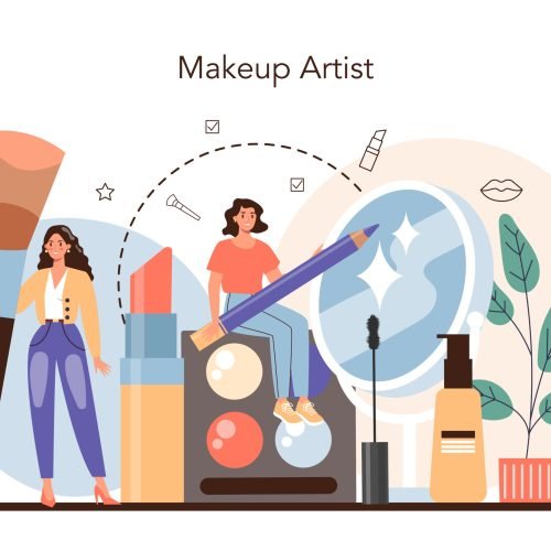 Make up artist concept. Professional artist doing a beauty procedure, applying cosmetics on the face. Visagiste doing makeup to a model using a brush. Flat vector illustration