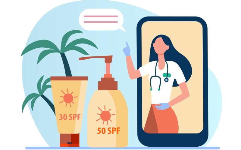 Online doctor recommending sunscreen. Phone screen, bottle of sunblock, tube of lotion flat vector illustration. Skin protection, summer concept for banner, website design or landing web page
